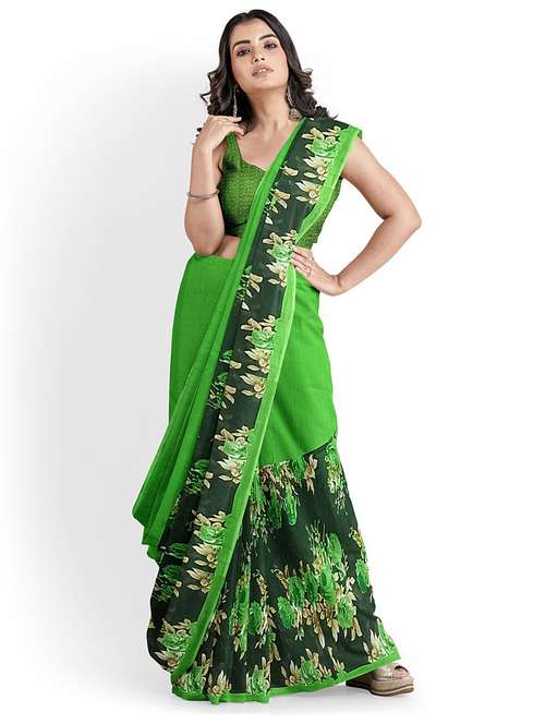 Women's Floral Green Colored Saree With Blouse