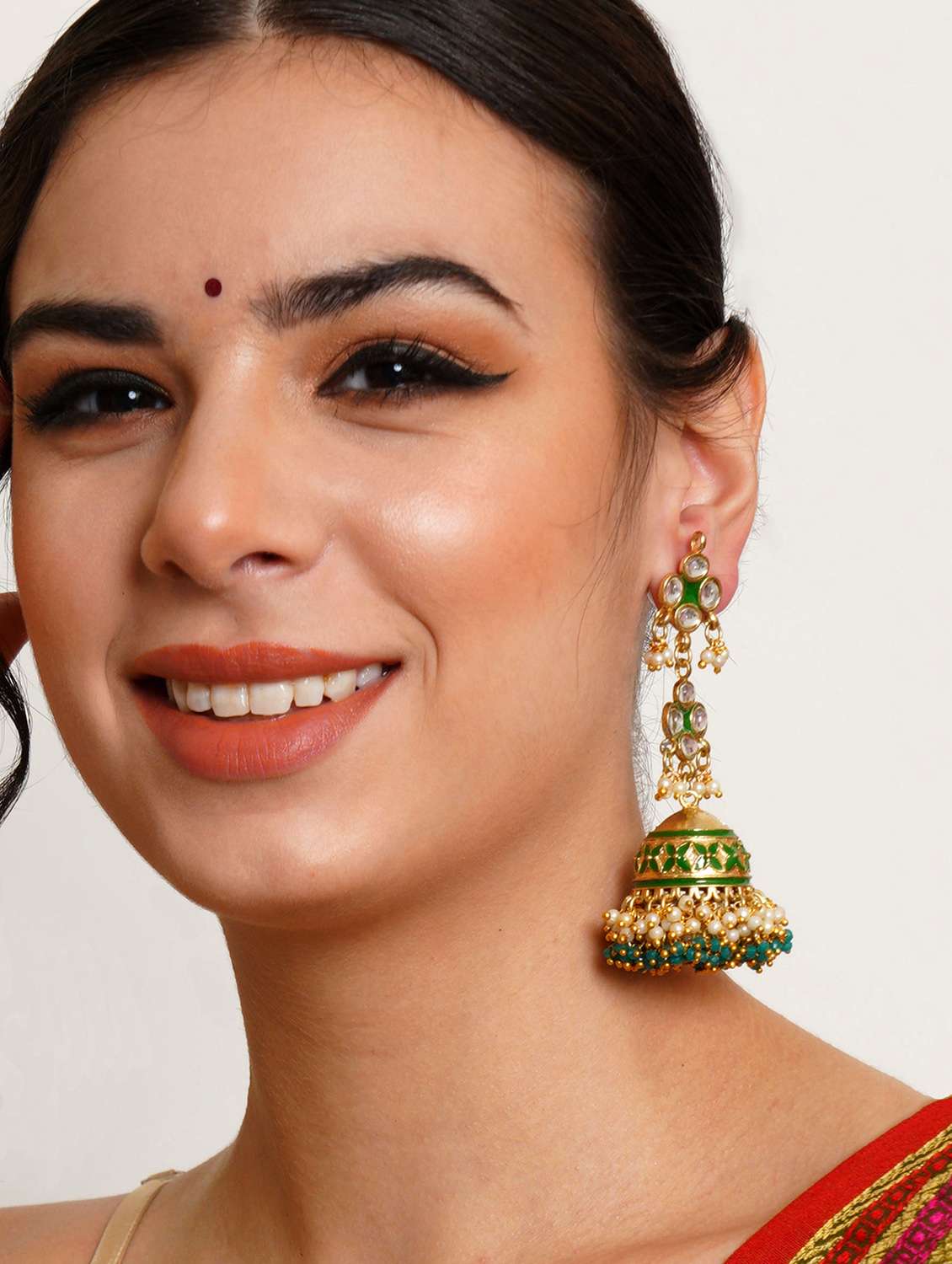 Gold Plated Green Meena Handcrafted Kundan Jhumka Earrings