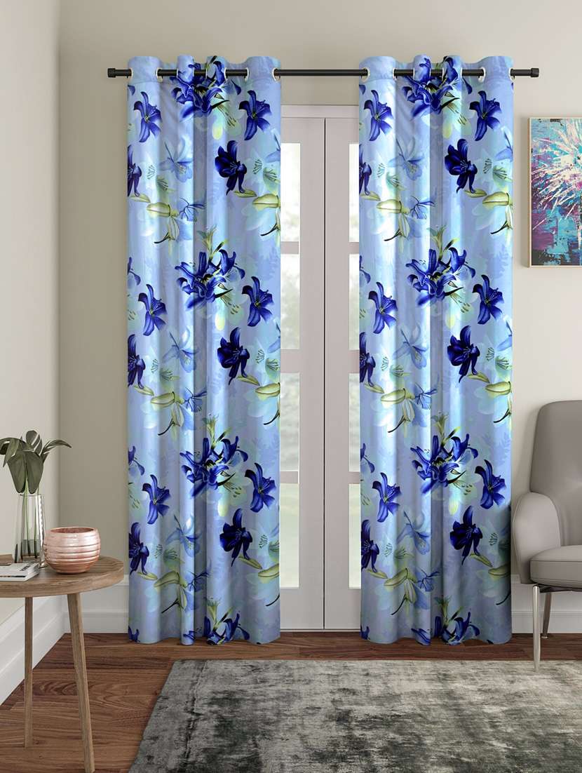 Pack Of 2 Blue Floral Printed With Eyelet Curtains