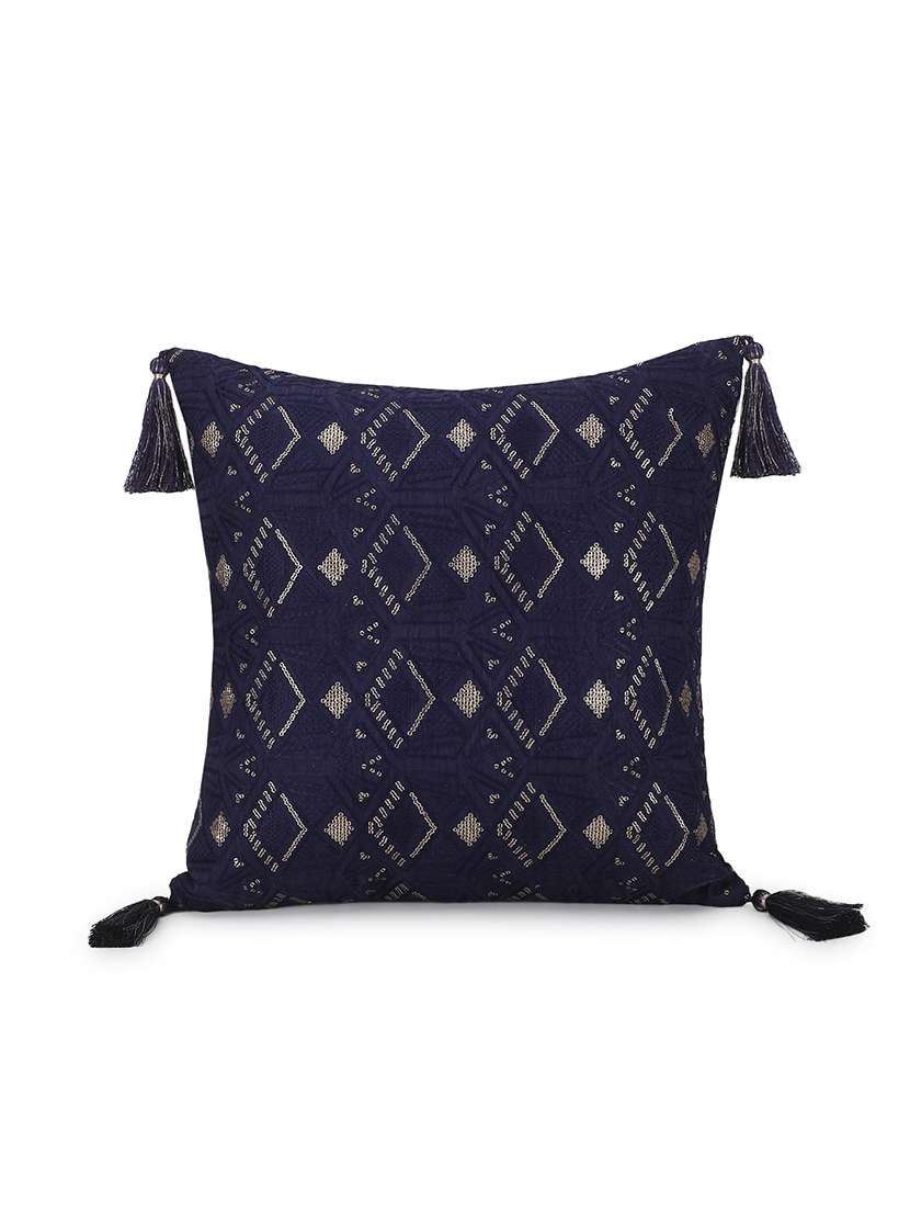 Mezposh Navy Blue & Gold Harlequin Embroidered Faux Silk Cushion 