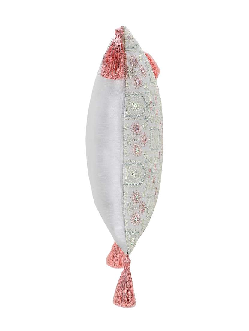Mezposh Off White & Pastel Multi Ethnic Motifs Embroidered Faux Silk Cushion Cover (16"X16")