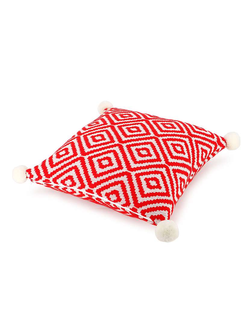 Mezposh Red & Off White Diamond Embroidered Cotton Acrylic Cushion Cover (16"X16")