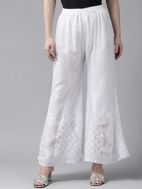 Ada Women's Hand Embroidered White Chikankari Flared Georgette Ethnic Palazzo