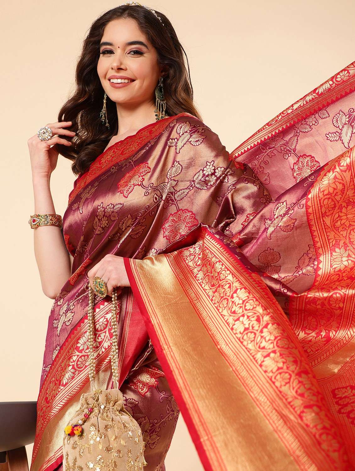 Women's Self Design Red Colored Saree With Blouse