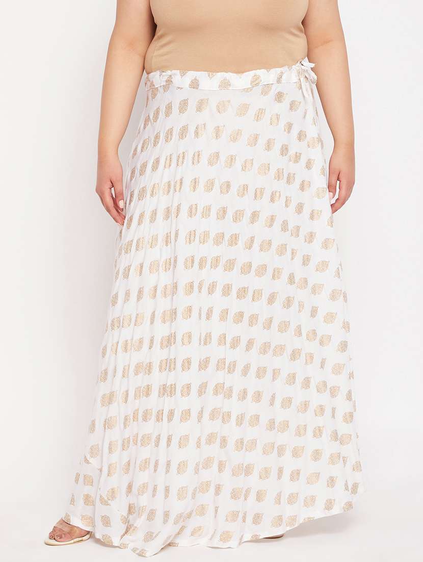 White Printed Flared Long Skirt