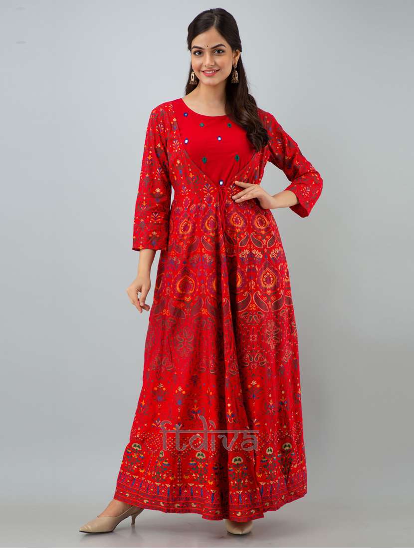 Women Boat Neck Printed Flared Kurta 