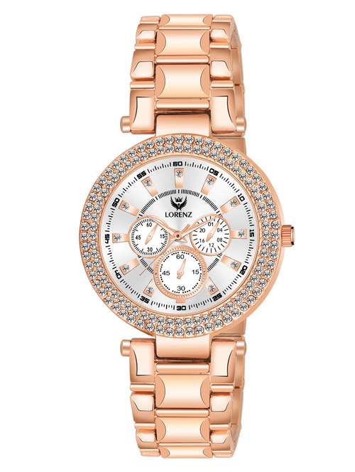 lorenz rose gold analogue women's watch with stone studd & metallic strap | as-129a