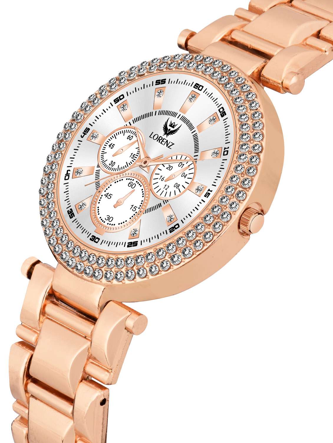 Lorenz Rose Gold Analogue Women's Watch With Stone Studd & Metallic Strap | As 129a