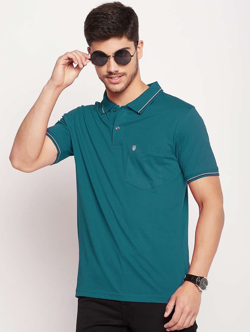 Men Teal Regular Fit Solid Polo T Shirt