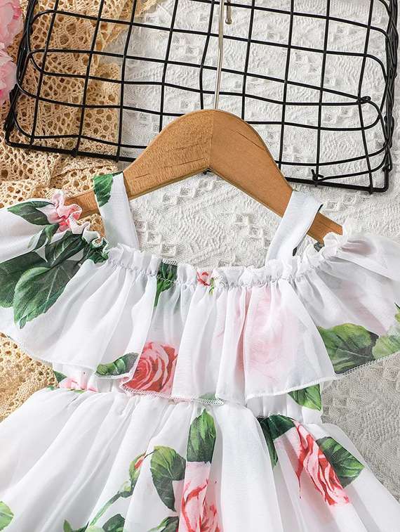 Girls White Floral Printed Cold Shoulder Frock