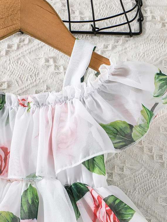 Girls White Floral Printed Cold Shoulder Frock