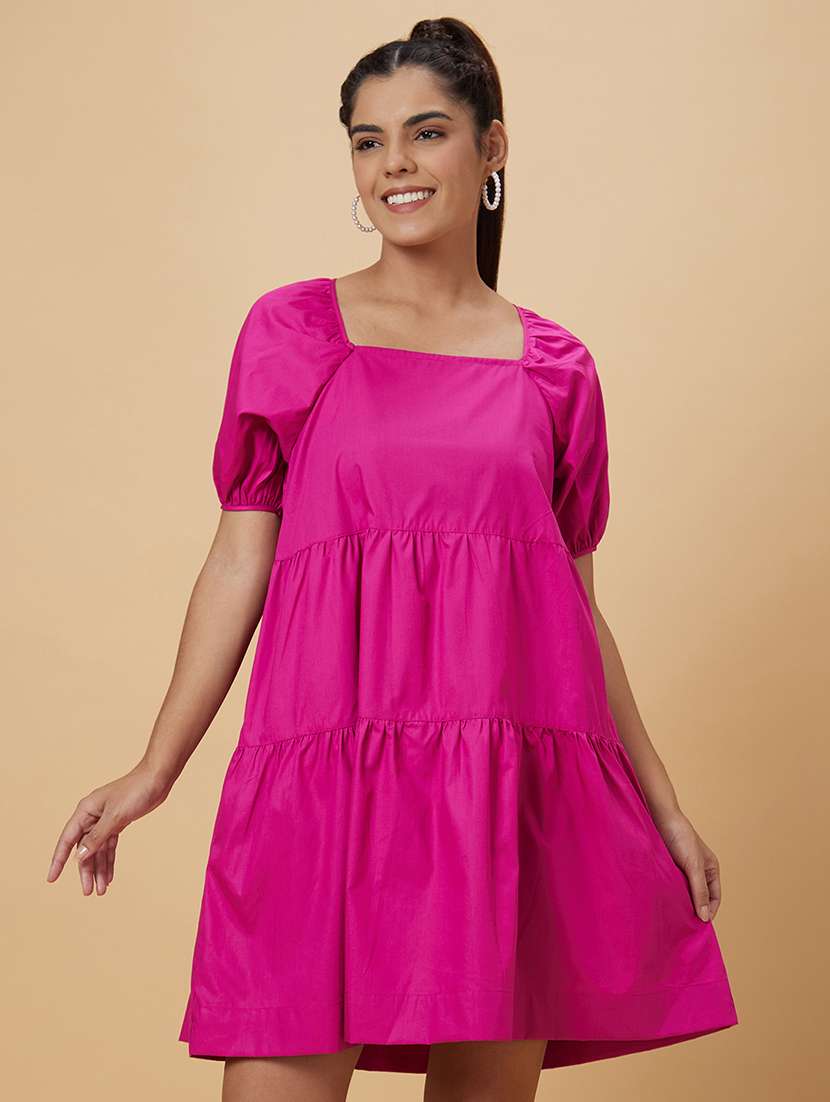 Women Pink Cotton Tiered Dress