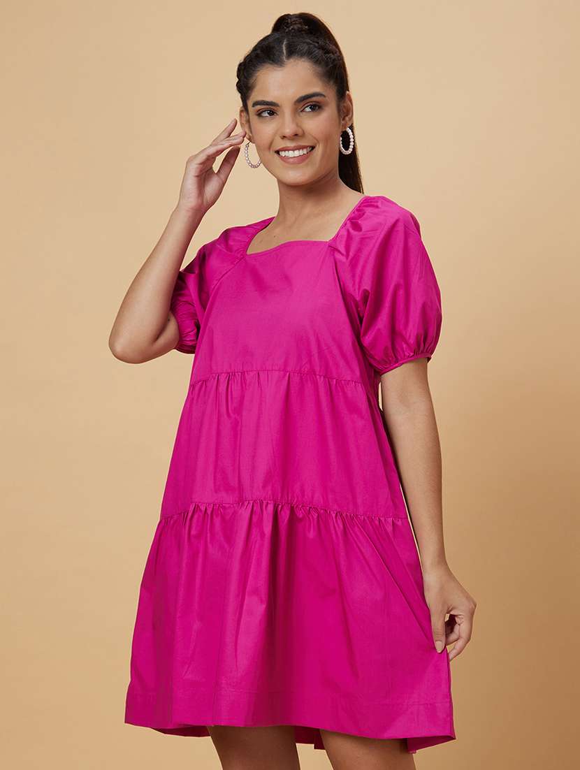 Women Pink Cotton Tiered Dress