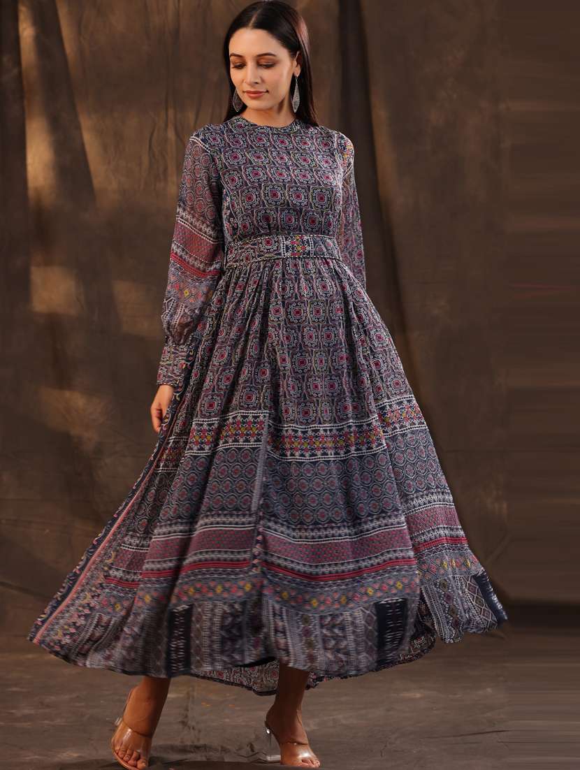 Blue Printed Flared Ethnic Dress