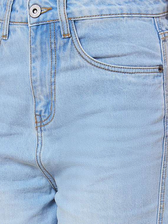 Globus Women Light Blue Stretchable Mid Rise Wide Leg Frayed Jeans
