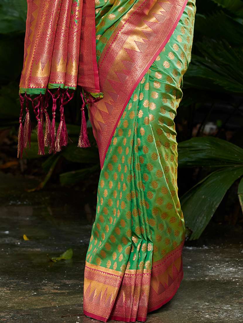 Women's Self Design Green Colored Saree With Blouse