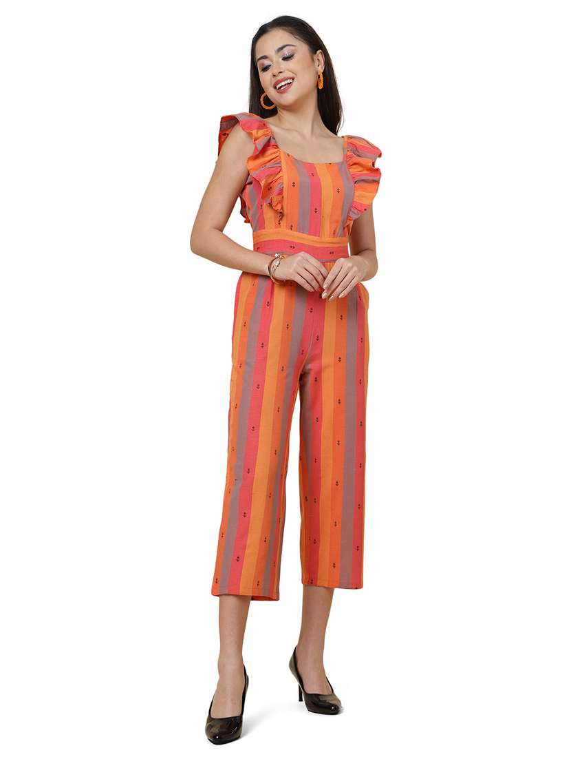 Orange Striped Sleeveless Full Length Jumpsuit