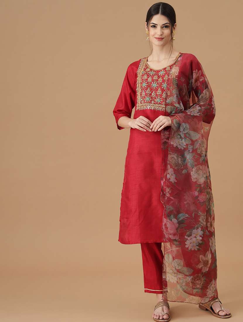 Embroidered Kurta Pant Set With Dupatta  