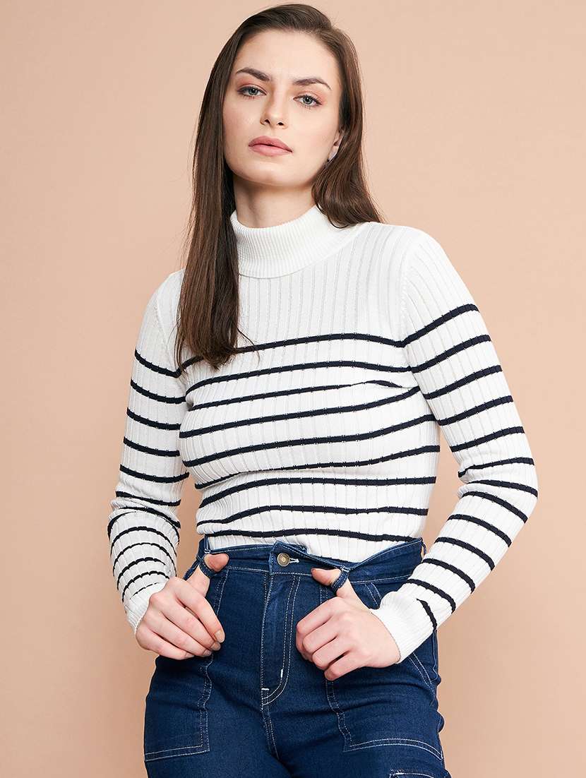 Women Striped Turtle Neck Pullover