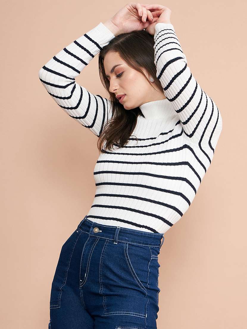 Women Striped Turtle Neck Pullover