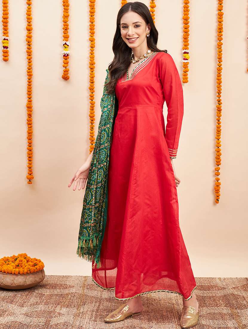 Red Solid With Work Kurta Dupatta Set
