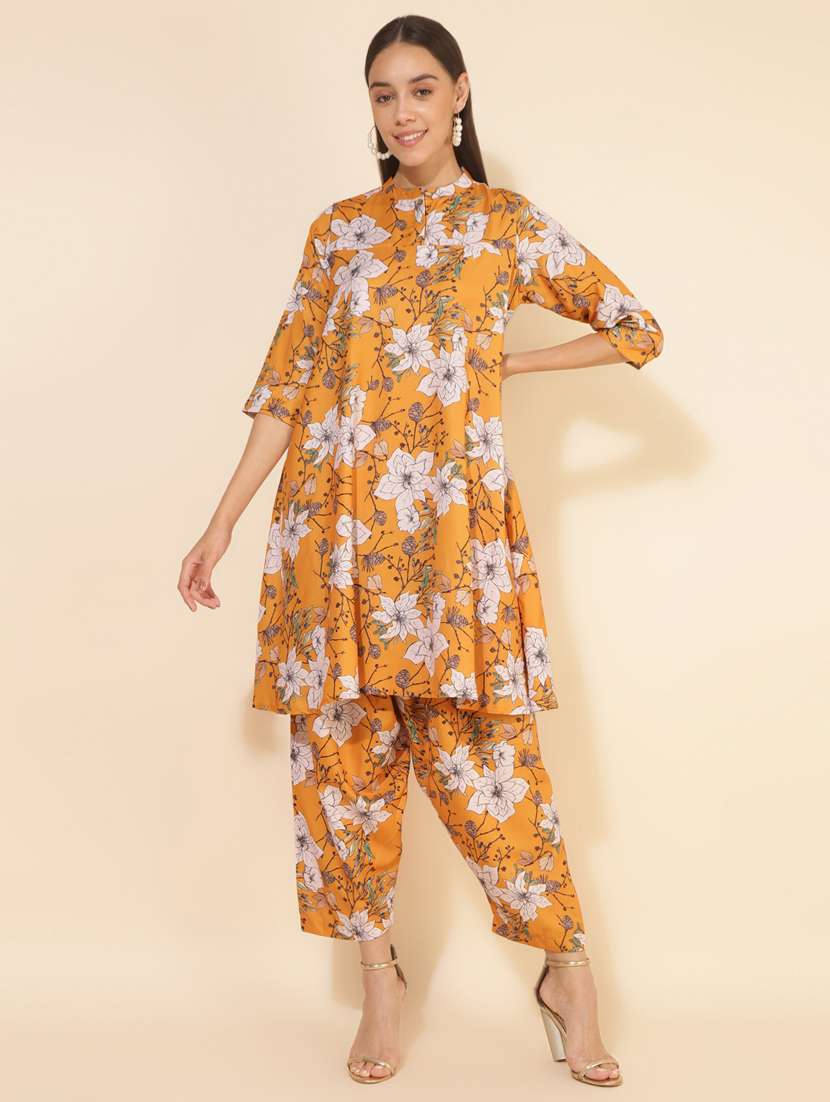 Women Mustard Mandarin Neck Co Ord Sets
