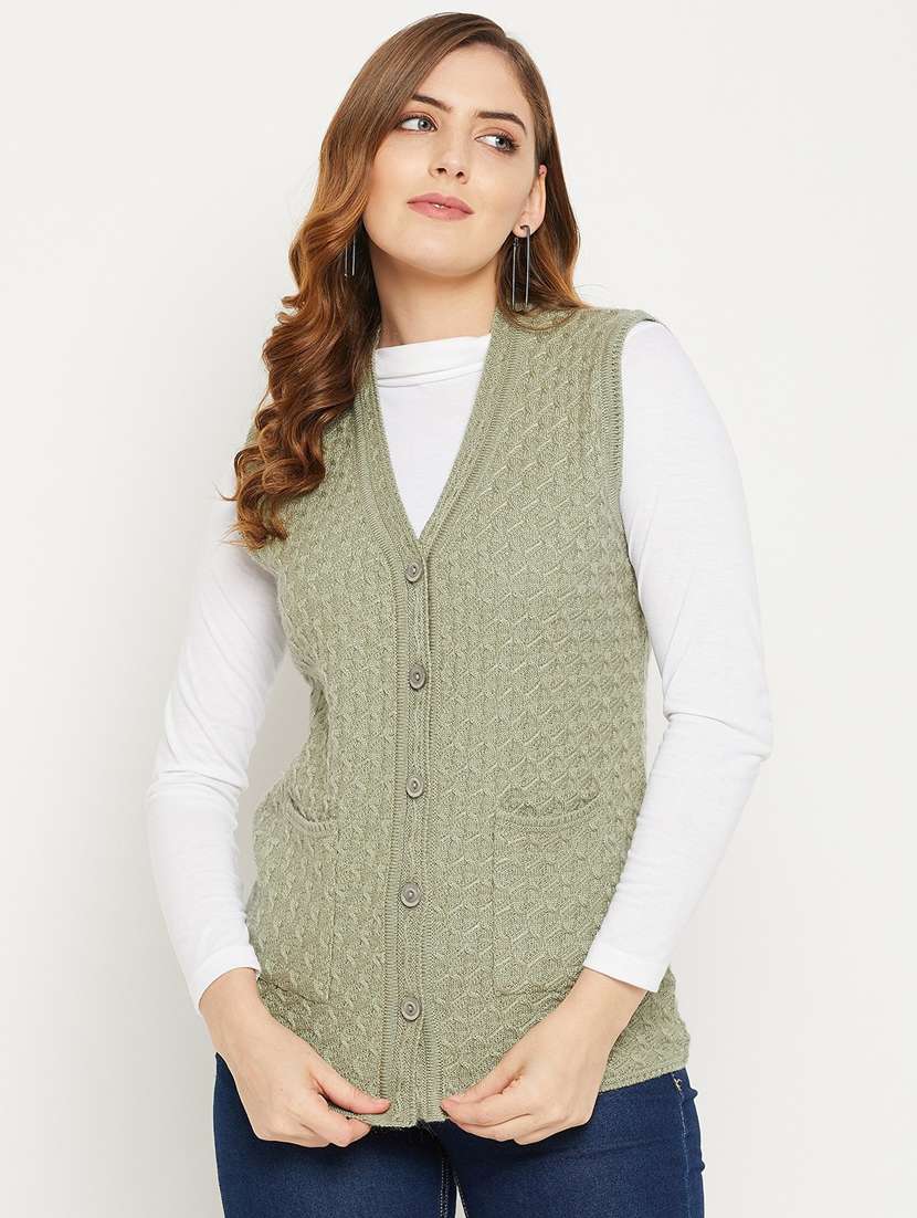 Women Green Sleeveless Cardigan