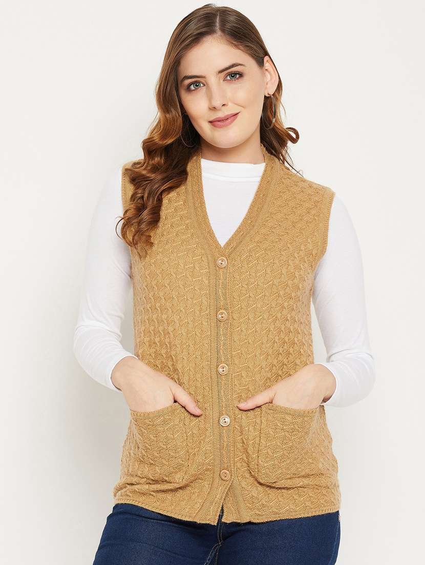 Women Khaki Sleeveless Cardigan