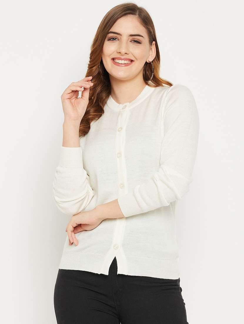 White Solid Woolen Cardigan