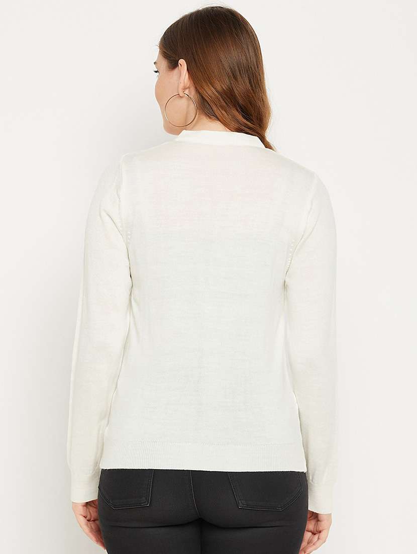 White Solid Woolen Cardigan