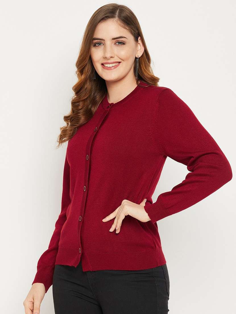 Maroon Solid Woolen Cardigan