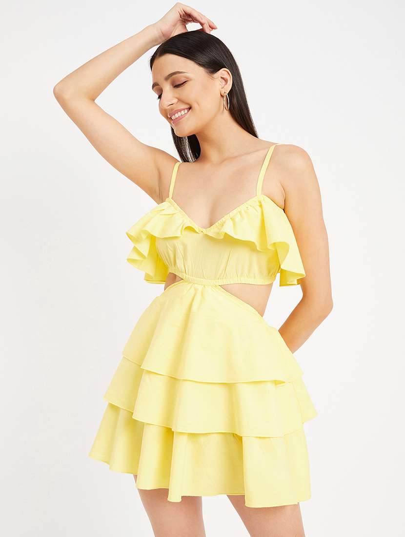 Women Yellow Shoulder Strap Mini Ruffle Dress