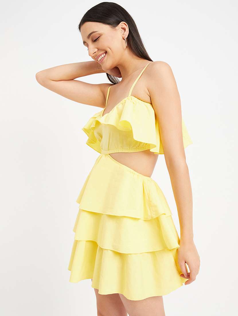Women Yellow Shoulder Strap Mini Ruffle Dress