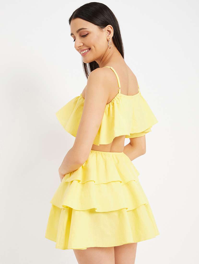 Women Yellow Shoulder Strap Mini Ruffle Dress