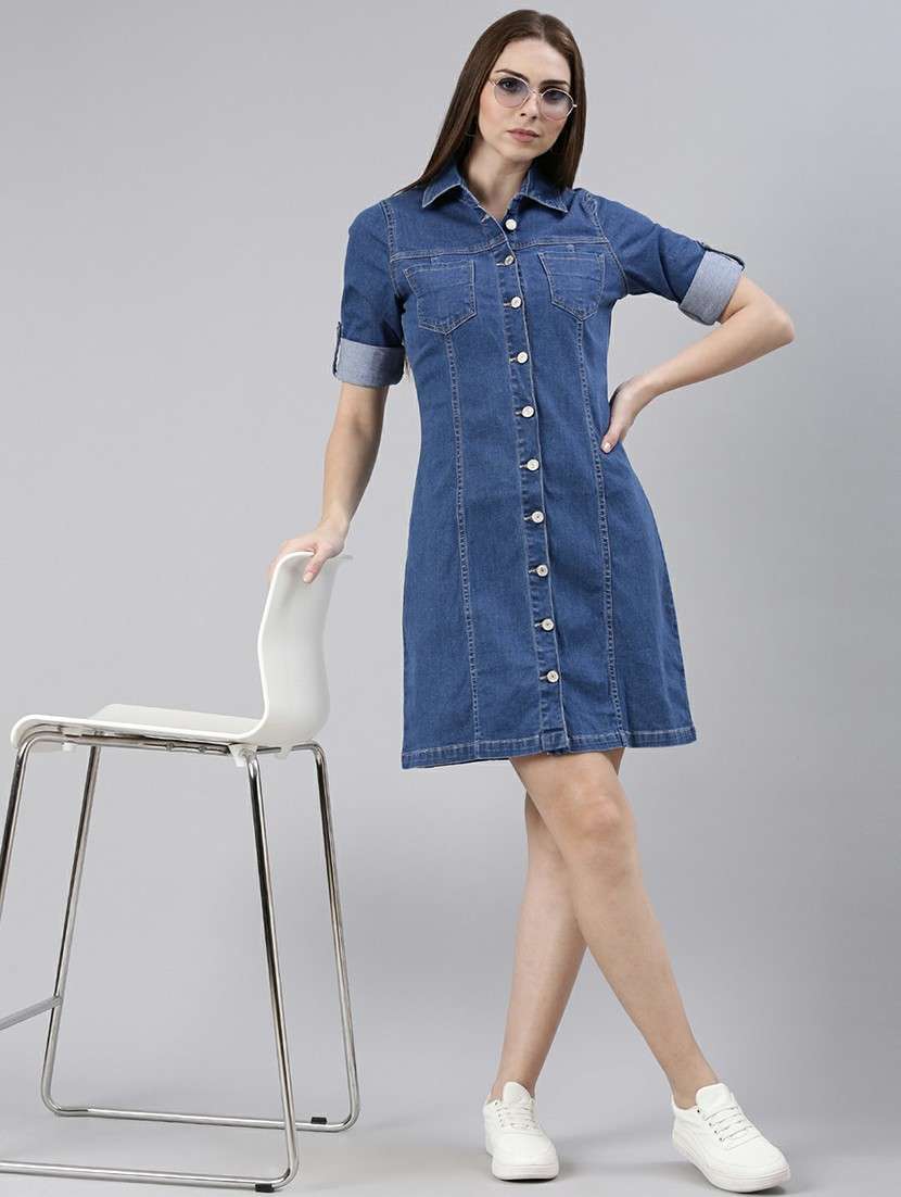 Women Blue Solid Mini Shirt Dress