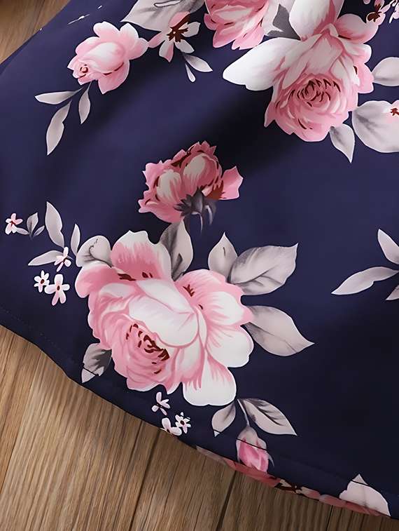 Kids Navy Blue Floral Printed Detailed Frock