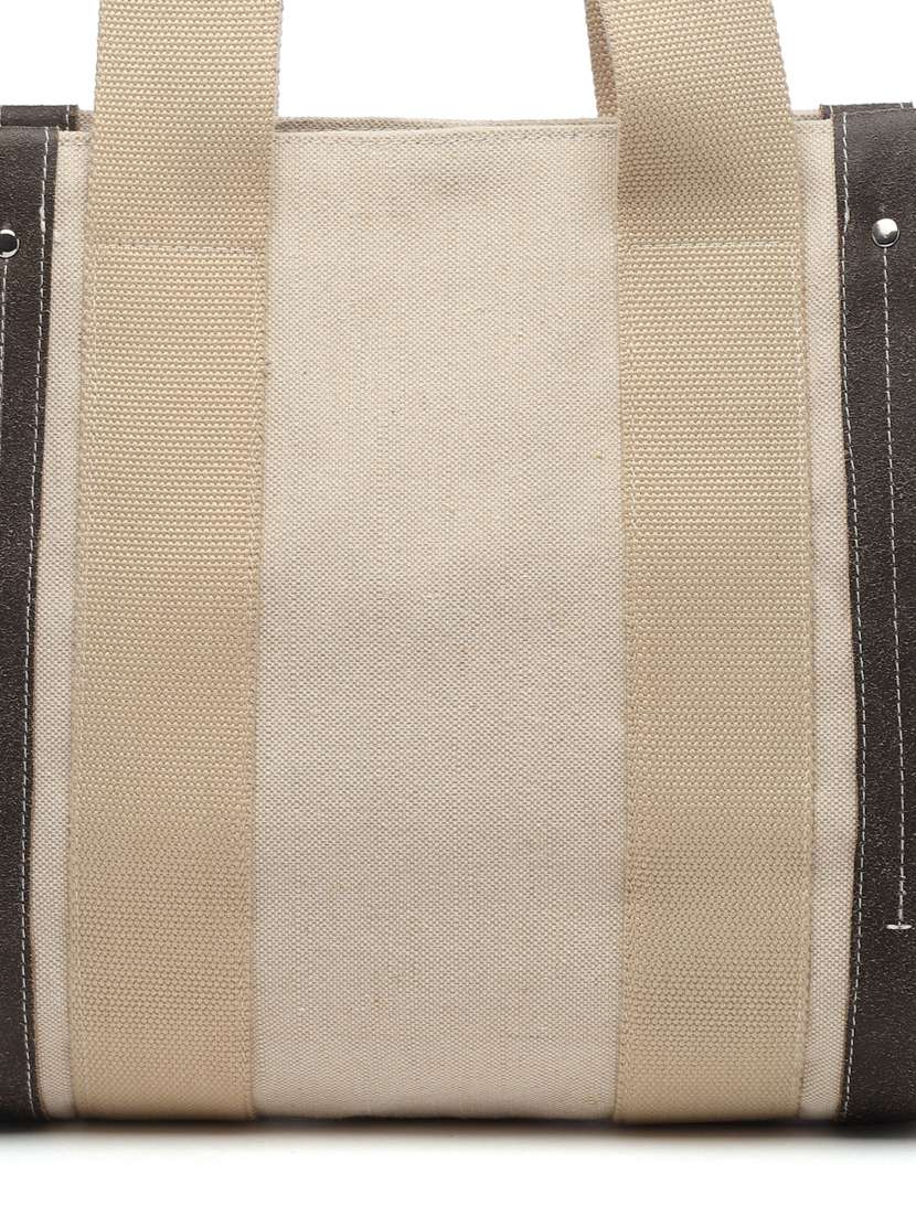 Sisal Cream & Black Solid Cotton Jute & Leather Handheld Bag