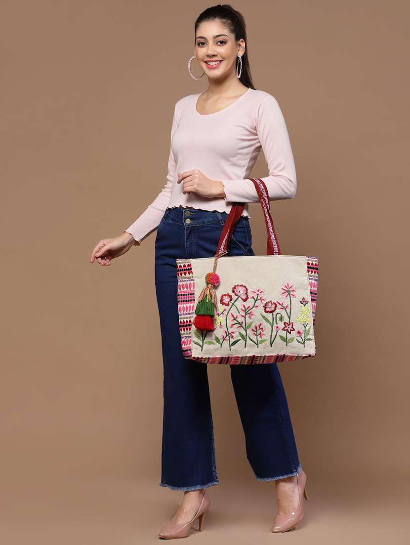 Beige Embroidered Cotton Tote Bag