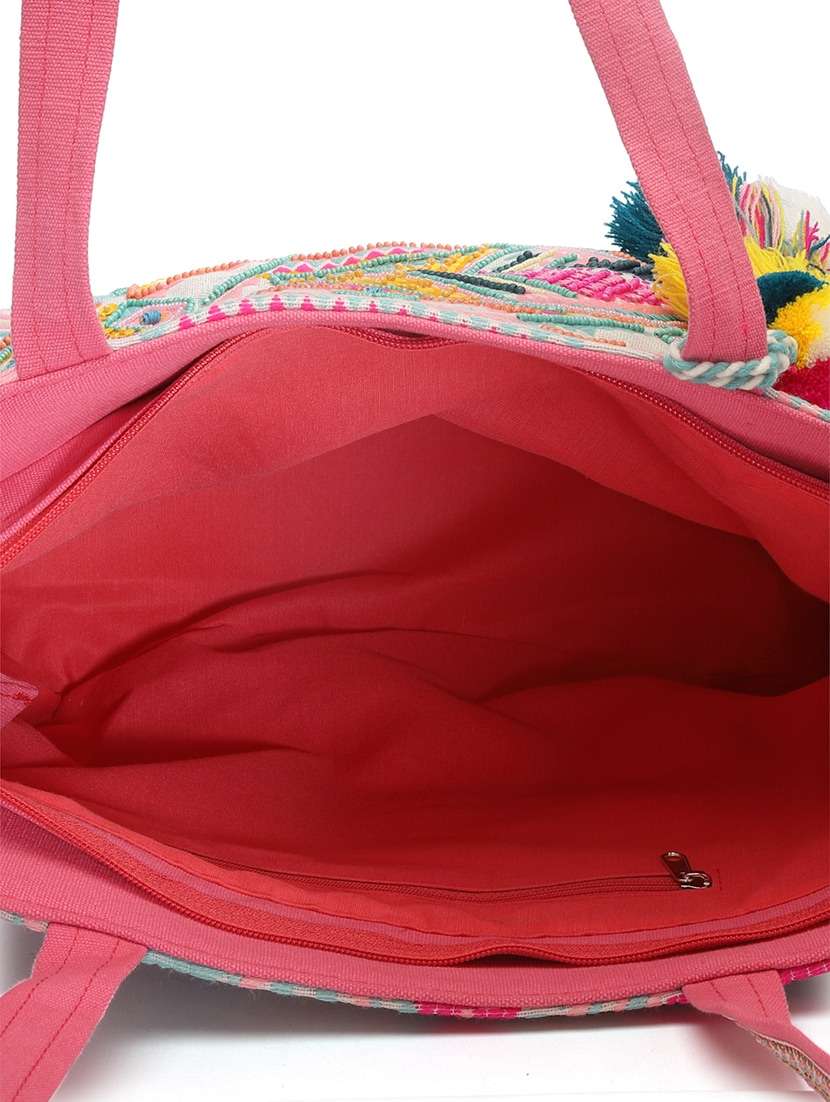 Beige Embroidered Cotton Tote Bag