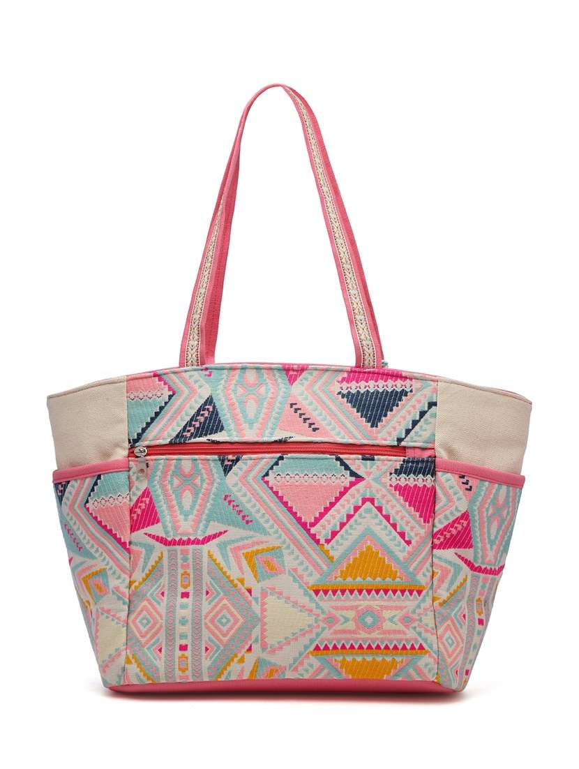 Beige Embroidered Cotton Tote Bag