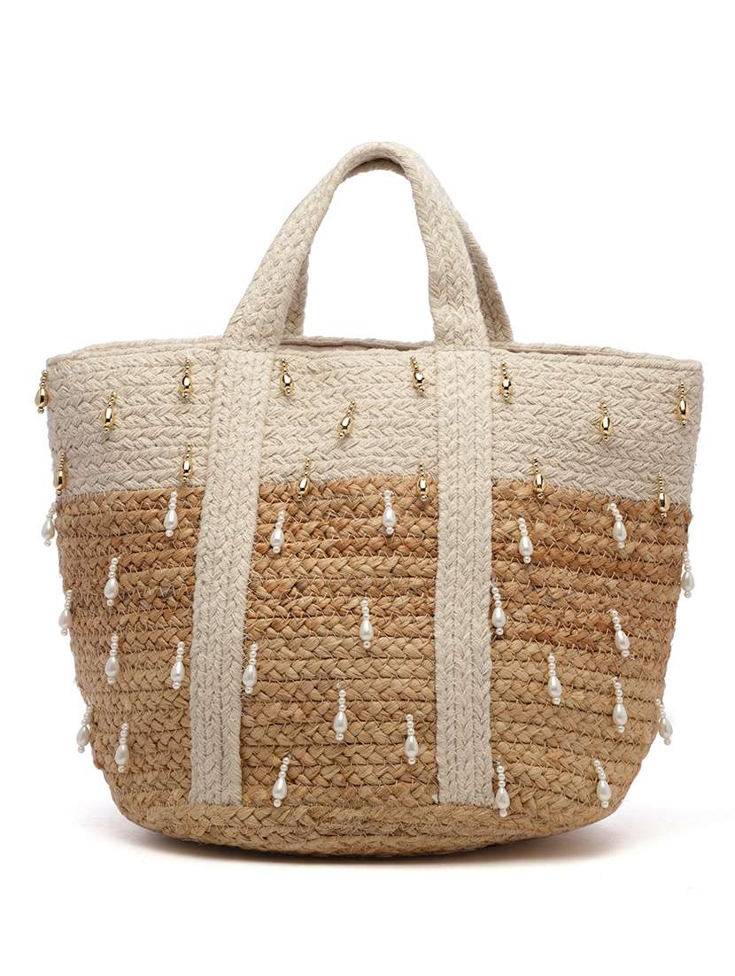 Beige Jute Embellished Handbag