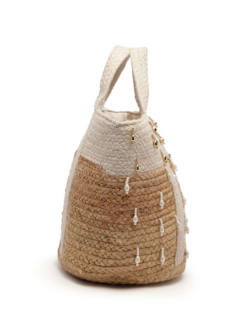 Beige Jute Embellished Handbag