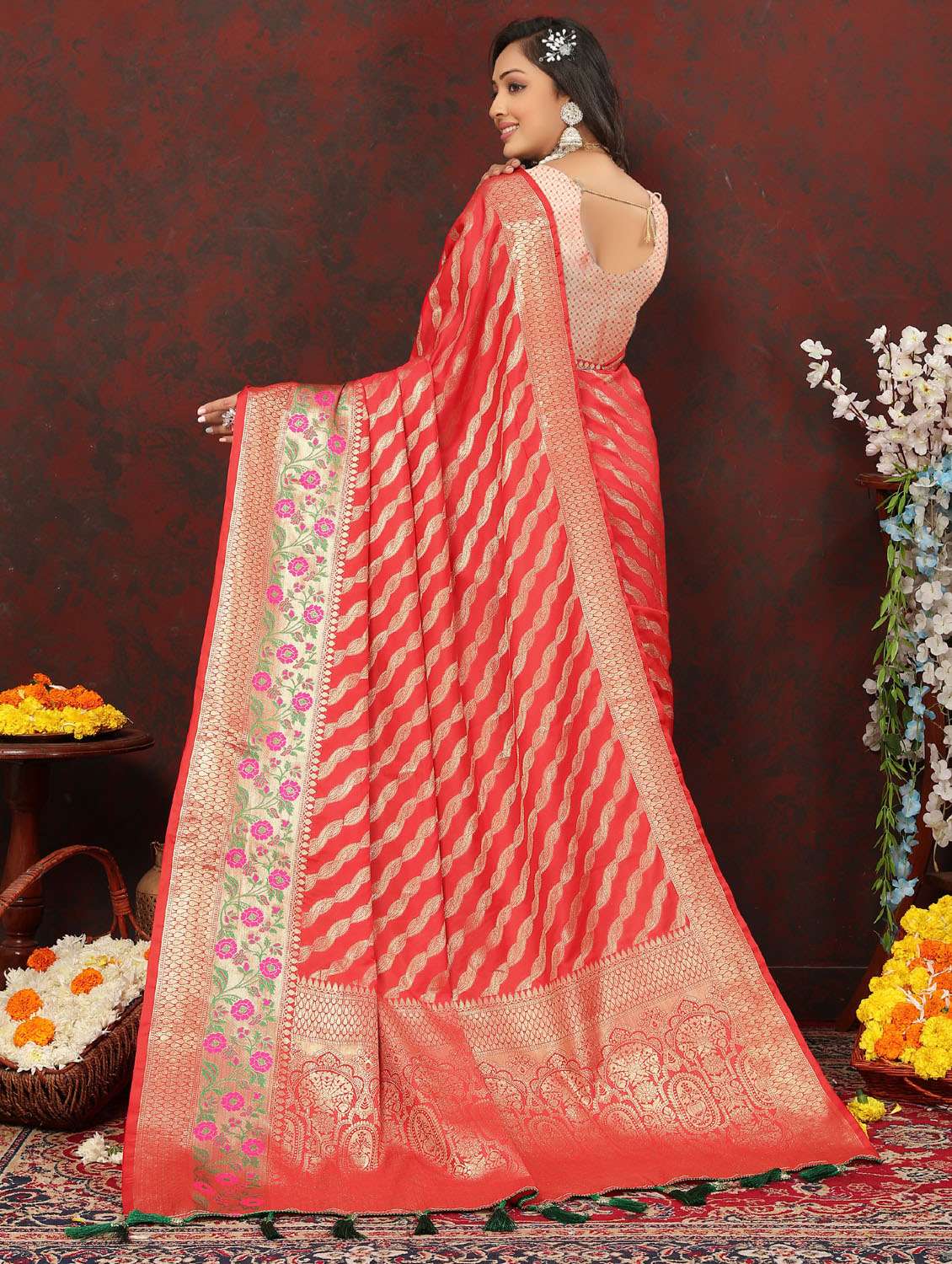 Women Red Self Design Banarasi Saree
