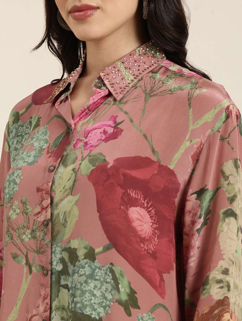 Women Floral Print Shirt And Trouser Co Ord Set