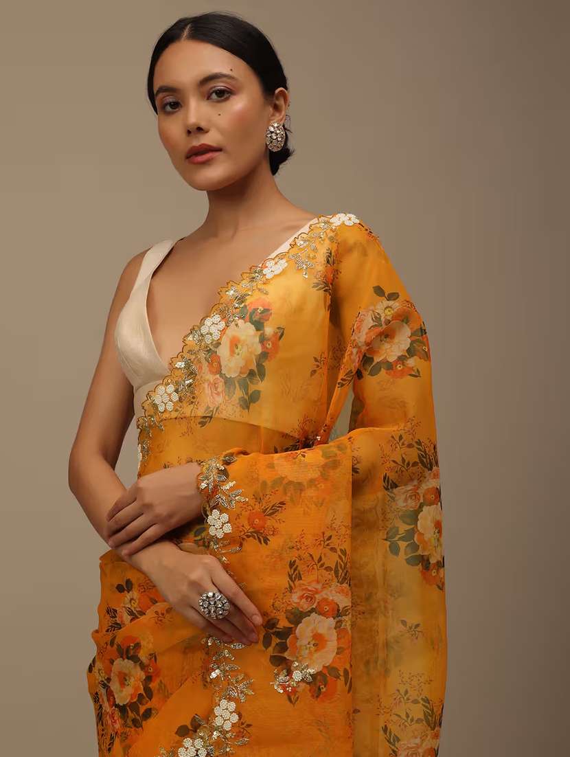 Women Yellow Floral Printed Saree