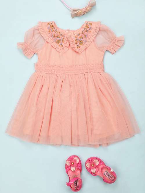 Kids Orange Embroidered Detailed Frock