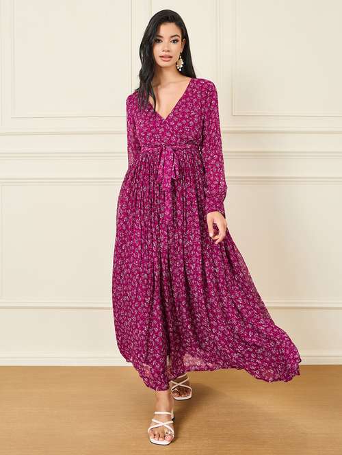 Women V Neck Printed A Line Dress