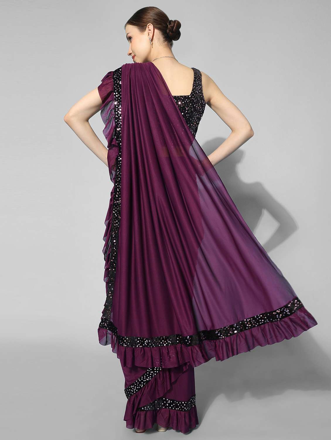 Women Purple Solid Lace Work Ruffle Saree With Blouse