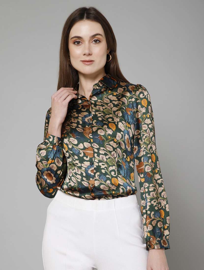Green Floral Printed Detailed Casual Shirt