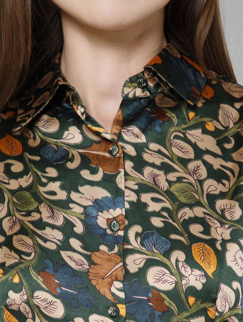 Green Floral Printed Detailed Casual Shirt